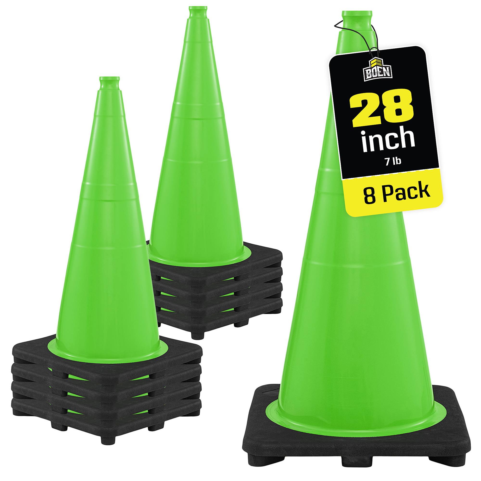 Boen 28 in, Lime Green Traffic Cone, 8-Pack, High-Visibility Safety Cones with 7 lb. Base for Parking, Road Work & Traffic Control